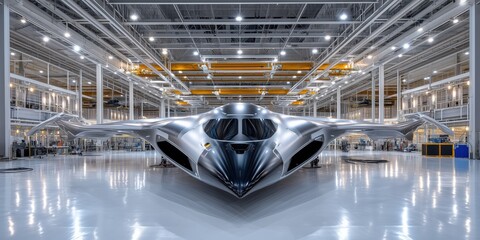 Futuristic b-21 raider stealth bomber stands in modern hanger
