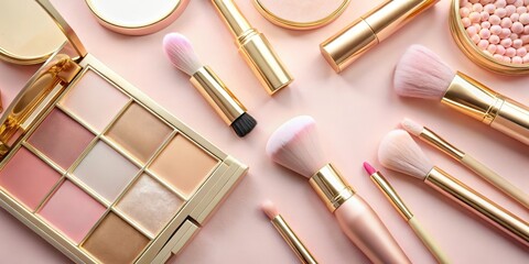 Close-up of elegant makeup essentials in soft pink shades with golden accents, pink, elegance,  pink, elegance, refined