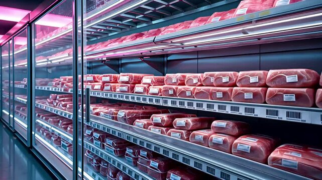 Refrigerated meat section in supermarket with neatly packaged products on stainless steel shelves under pink lights