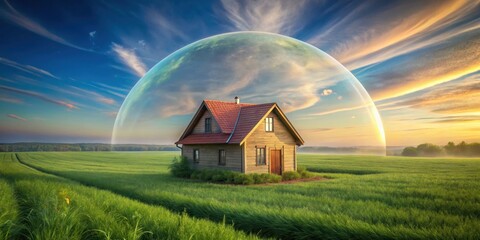 A protective force field envelops a small cottage in the countryside, countryside, peaceful,  countryside, peaceful
