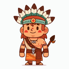 Stylized cartoon drawing of a Native American man, wearing traditional attire and ornamentation.