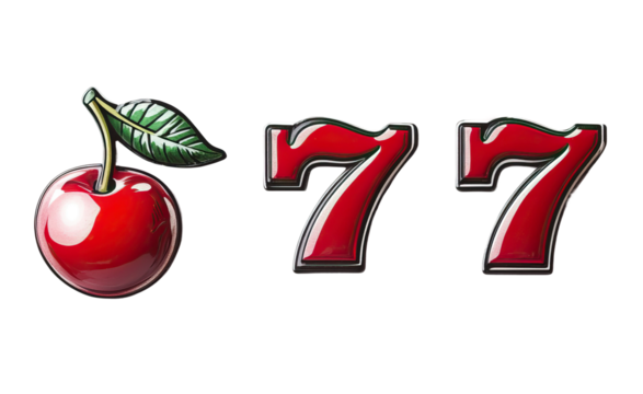 Set of three, slot machine symbols: cherry, seven. Each is separately isolated on white
