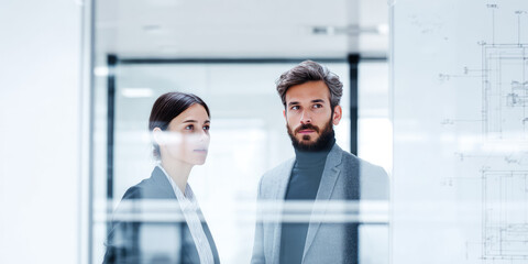 Two professionals stand in an office, gazing forward with a focused look. Business meeting, modern workspace