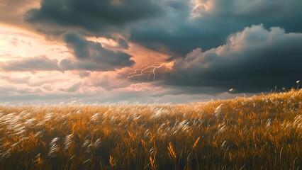 Dramatic Thunderstorm Over Windblown Prairie Landscape with Lightning and Tall Grasses | Generative AI