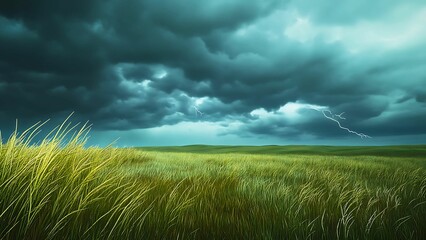 Dramatic Thunderstorm Over Windblown Prairie Landscape with Lightning and Tall Grasses | Generative AI