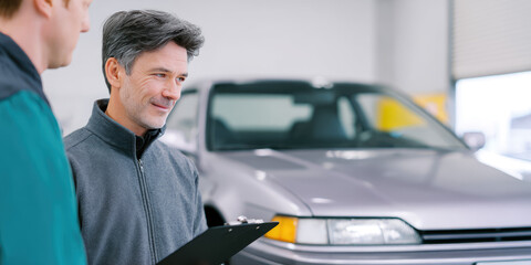 Two people are in a garage, one holding a clipboard and smiling beside a car. The scene conveys a concept of automotive service and customer interaction