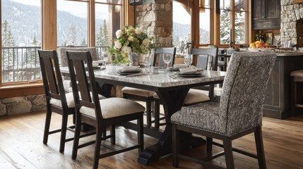 Obraz premium Elegant stone top dining table with dark stained wooden legs set for six people in a cozy modern dining room