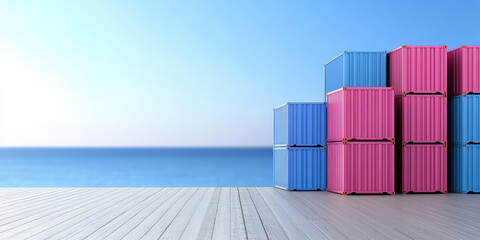 Shipping containers are stacked on a wooden deck near the sea. Import-export and logistics concept