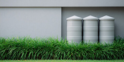 Three cylindrical rainwater tanks stand in a row against a gray wall, surrounded by lush green grass. Water storage and eco-friendly concept