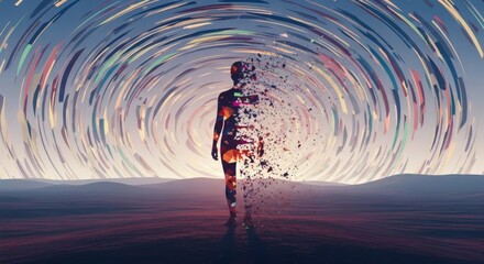 Shattered Emotions: A Human Silhouette Dissolving into Chromatic Fragments Amid an Endless Surreal Dreamscape, Where Boundless Colors Speak the Language of the Soul