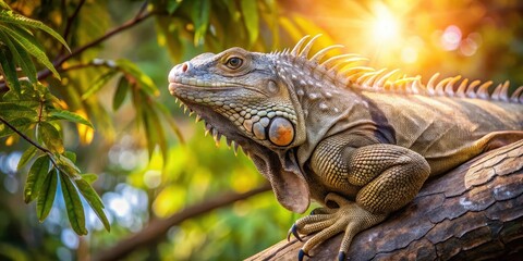 Obraz premium A large iguana perches on a thick