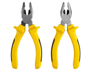 Top-Down View of Combination Pliers with Yellow Handle, isolated on transparent background