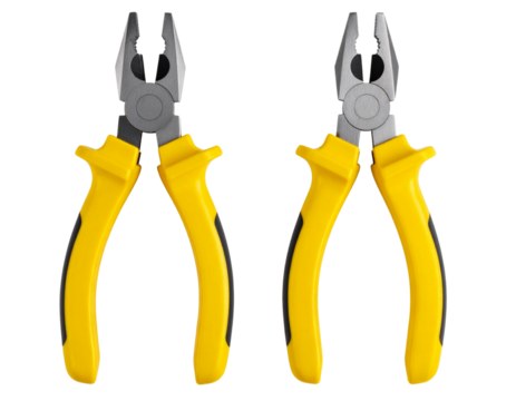 Top-Down View of Combination Pliers with Yellow Handle, isolated on transparent background