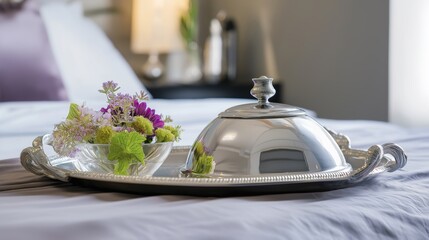 Silver tray with covered dish and fresh flowers on hotel bed, conveying elegant hospitality and refined simplicity