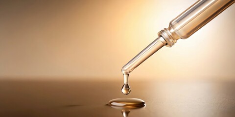 A pipette gently releases a single drop of serum onto a beige-colored background, creating a precise and controlled moment in a laboratory setting , beige background, control
