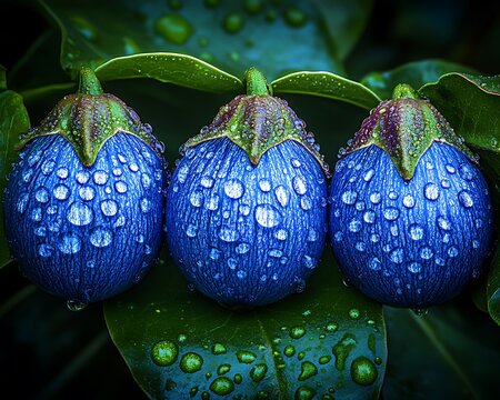 Three vibrant blue vegetables covered in water droplets on foliage
