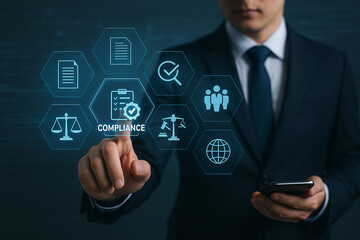 Compliance in business concept. Stay in line with business policies. Businessman touching compliance icon on virtual screen, ensuring the enforcement of laws, regulations, and standards.