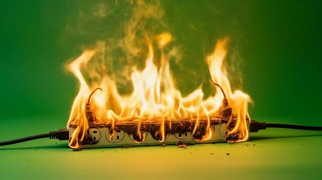 Burning Power Strip on Green Background - A power strip engulfed in flames sits on a green background. The fire is intense, and smoke is visible, depicting a dangerous electrical fire hazard.