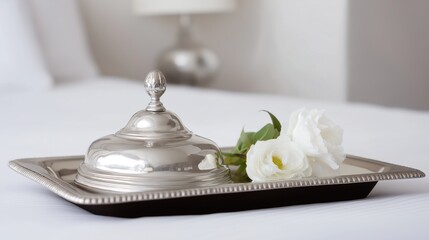 Silver tray with covered dish and fresh flowers on hotel bed, conveying elegant hospitality and refined simplicity