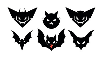 A collection of spooky black bat silhouettes, perfect for Halloween or gothic-themed designs. The bats feature varying wing and face designs, creating a unique and eerie aesthetic.