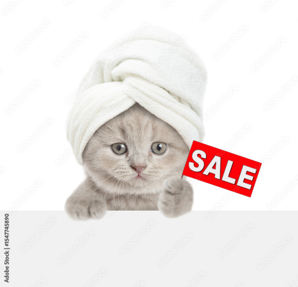 Poster funny tiny kitten wearing towel on it head shows signboard with labeled 