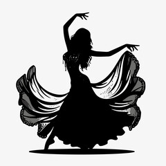 Silhouette of a joyful belly dancer in elegant pose with flowing skirt and expressive movements
