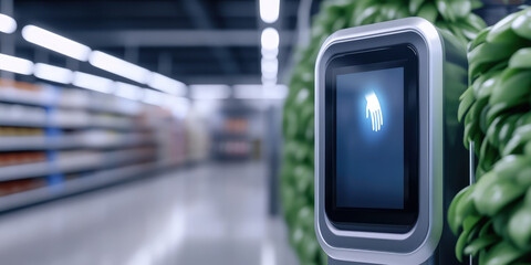 Hand gesture recognition screen in a modern retail aisle, displaying a hand symbol. Concept: Futuristic shopping technology