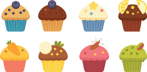 Collection of Cute and Colorful Cupcake Illustrations with Various Toppings Isolated on a White Background