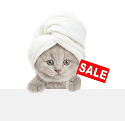 Funny tiny kitten wearing towel on it head shows signboard with labeled 