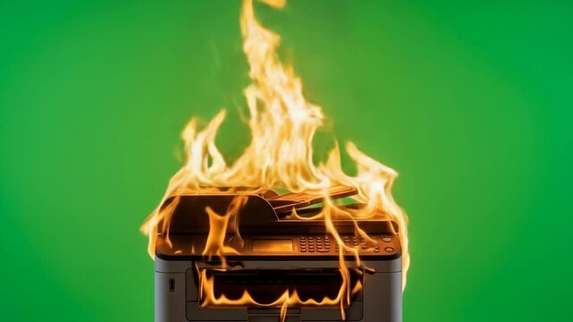 Printer on Fire Against Green Screen - A multi-function printer is engulfed in flames against a bright green screen.