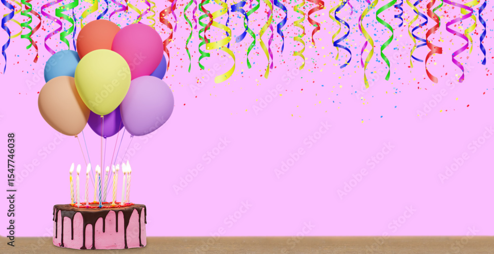 Aufkleber Birthday cake with bunch of colorful balloons on violet background with confetti. Empty space for text. 3d rendering