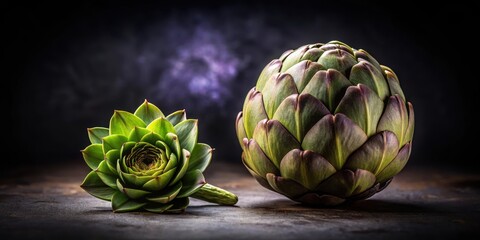 Fototapeta premium Artichoke on dark velvet background with isolated globe artichoke in spotlight, food, isolation, food, isolation, photography