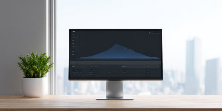 Computer monitor displaying a graph sits on a wooden desk beside a potted plant with a window view of a city skyline. Technology and workspace concept