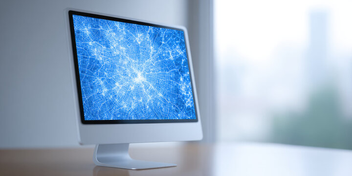 A monitor displays a complex blue network pattern with bright nodes, sitting on a desk. Digital connectivity and data network concept