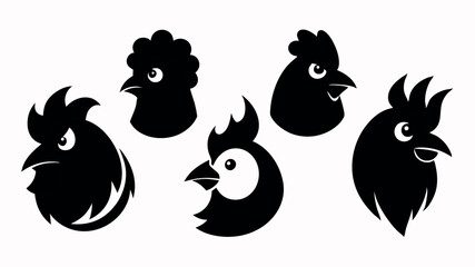  black and white silhouettes of chicken heads,