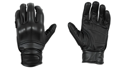 Black leather motorcycle gloves, front and back view isolated on transparent background