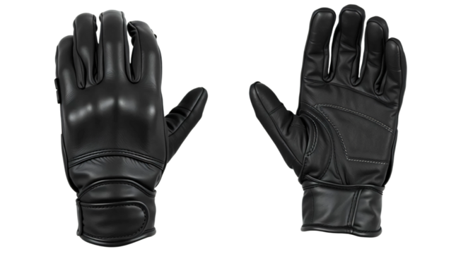 Black leather motorcycle gloves, front and back view isolated on transparent background - Powered by Adobe