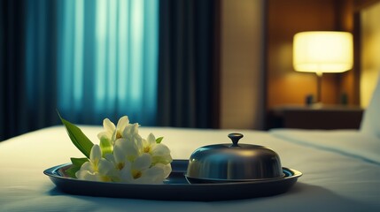 Silver tray with covered dish and fresh flowers on hotel bed, conveying elegant hospitality and refined simplicity