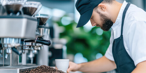 A barista in a cap is preparing a coffee beverage at a professional espresso machine. Coffee preparation, barista, cafe workflow