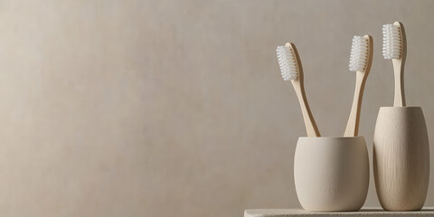 Wooden toothbrushes are placed in two beige holders on a smooth surface. Eco-friendly bathroom essentials concept