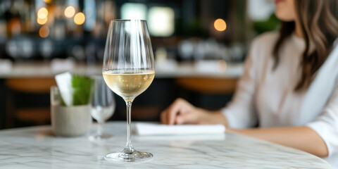 Fototapeta premium A glass of white wine is placed on a marble table in a modern restaurant setting. Elegant dining experience, relaxation, and sophistication