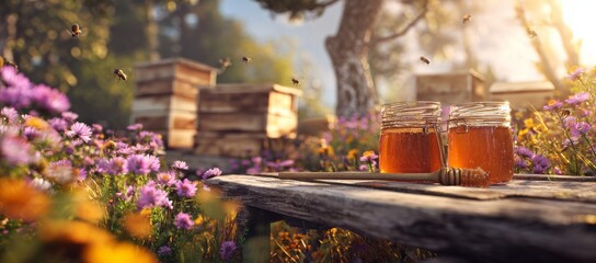 Golden Honey Jars in Bee Garden Honeycomb and Flowers Delight