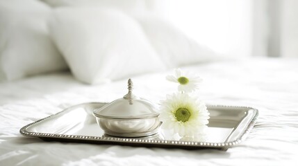 Silver tray with covered dish and fresh flowers on hotel bed, conveying elegant hospitality and refined simplicity