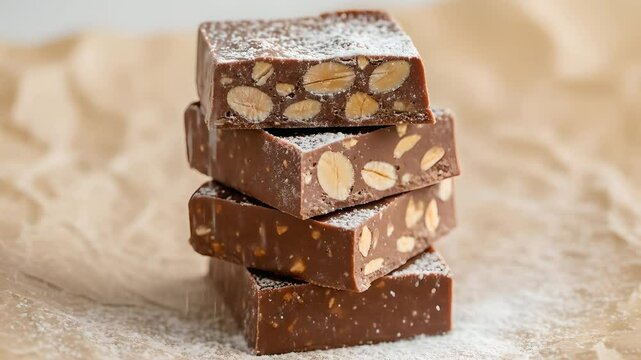 Chocolate almond fudge stack with powdered sugar falling. Sweet dessert, confectionery, artisan sweets, food blogging, recipe content, indulgence, holiday treats, and baking concepts.