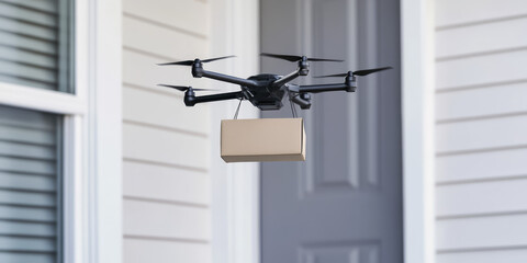 A drone hovers near a house's door carrying a small cardboard box. Concept: modern delivery, technology, innovation