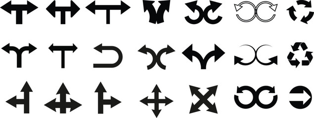 Arrow icon set. vector black arrow vector icon pack Left, right road direction arrow. Road signpost symbol. Vector illustration. white backgund