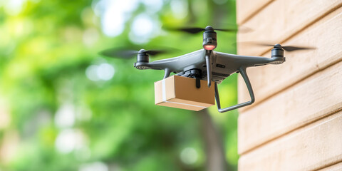 A drone is flying near a wooden structure, carrying a small package underneath. Concept: modern delivery technology