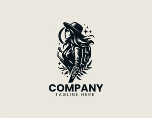 Fototapeta premium Adventure girl silhouette standing on mountain peak with dog companion inside circular badge emblem conveying exploration spirit