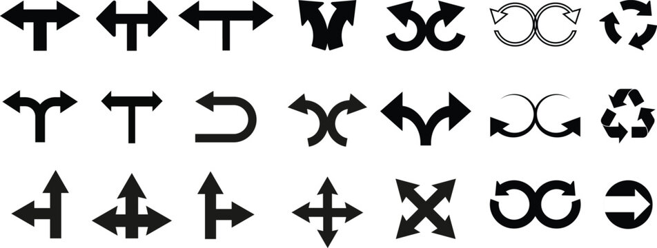 Naklejki Arrow icon set. vector black arrow vector icon pack Left, right road direction arrow. Road signpost symbol. Vector illustration. white backgund