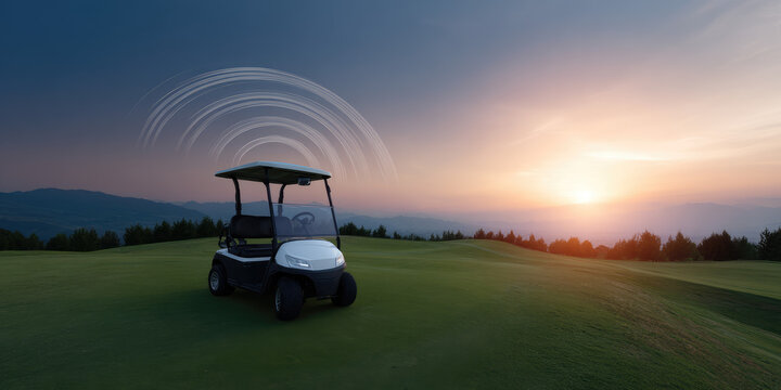 Golf cart parked on a green golf course at sunset, with circular signal waves in the sky. Wireless technology and outdoor leisure concept